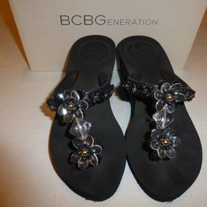 BCBG Jewel Flower Platform Wedge Thong Sandals 6